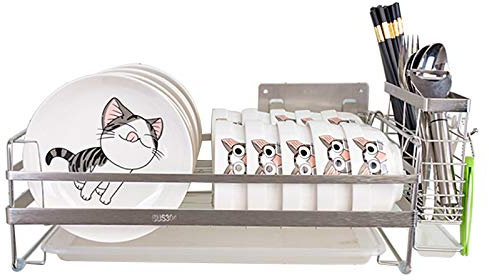 Escurridor de Platos para Colgar en la Pared, con Soporte para Utensilios, para Armario de Cocina, con escurridor, Resistente a la oxidación y de Acero Inoxidable (Color Plateado)
