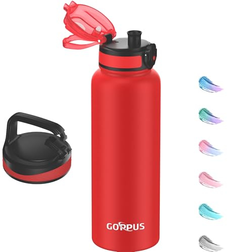 GOPPUS 1.2L/40oz Stainless Water Bottle (No Straw) with Screw Lid Double Wall Insulated Bottles with Strap Large Vacuum Thermal Flask Leakproof Keep Cold Drinks Bottles with Flip Top Lid BPA Free