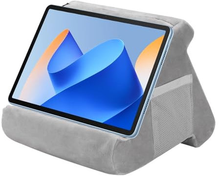 Behogan Coussin de support pour tablette - Support triangulaire pour tablette - Avec poche - Mini tablette - Support de coussin pour ordinateur portable - Pour iPad, liseuse, smartphones, gris
