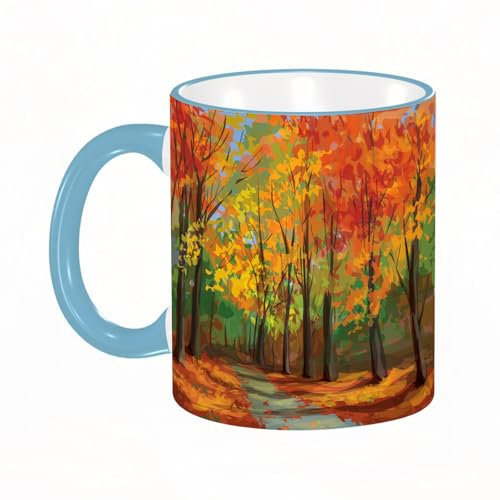 YOIUE Tasse aus Keramik - Große 11oz Tassen 330ml Kaffeetassen mit Henkel, 100% Handbemalt - Trinkgläser mit Griff - Weiß,Herbstlandschaftsweg im Park.