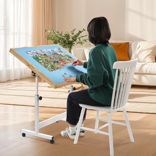 Wooden Jigsaw Puzzle Folding Table for Adults & Kids,Jigsaw Puzzle Storage Tilting Table with Wheels & Cover,Portable Board for Games,Gift for Amateur (Blue 1500 Pcs)
