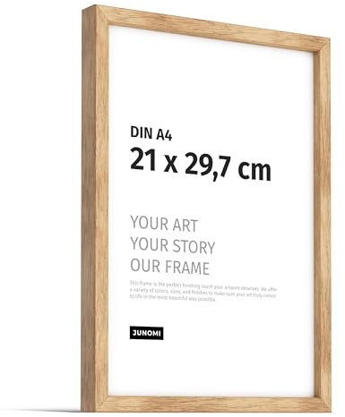 JUNOMI® Premium Bilderrahmen Eiche DIN A4 (21x29,7 cm) | Echtholz Bilderrahmen DIN A4 aus Eiche mit bruchsicherem Acryl-Glas | Eichenrahmen