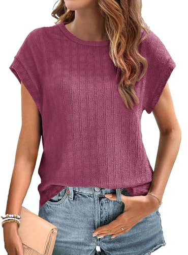 WNEEDU Camisetas Manga Corta Mujer Basicas Casual Blusas Cuello Redondo Verano Top Camisa Manga De Murciélago Ropa Elegantes Tshirt De Color Liso Fucsia XL