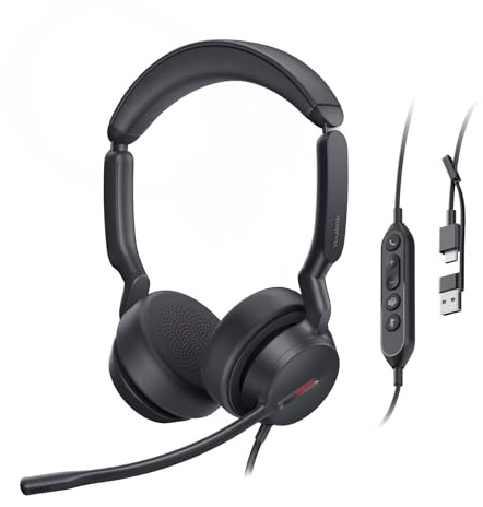 Yealink UH44 Teams Certified USB Wired Headset with 2 Noise Cancelling Mics,Stereo Sound for PC,Laptop,Teams,Zoom,Call Center,Home Office,Inline Controls,Comfort Ear Cushions,USB-C/A,Busylight