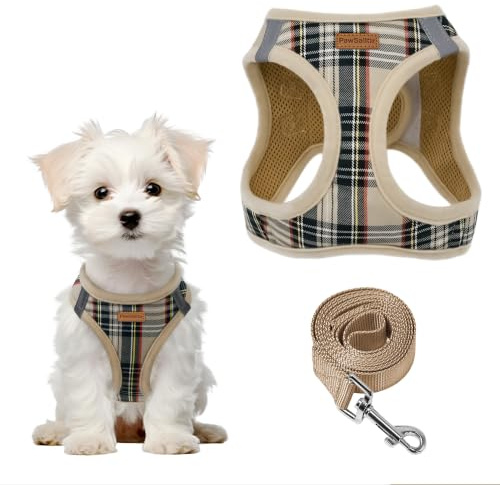 PawSailor Step-in Harnais pour Petit Chien Anti-Traction Tissu Doux à Carreaux Réfléchissant avec Boucle de Sécurité et Rembourrage Confort Harnais Gilet pour Chiot, Chats, Chihuahuas, Beige XS