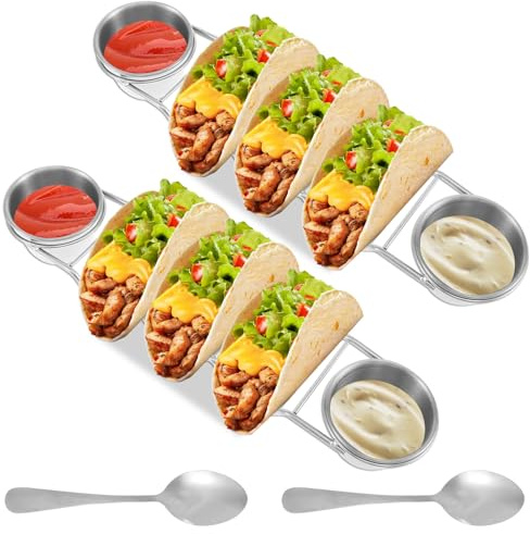 8Pcs Stainless Steel Taco Holder Set - Rustproof Sturdy Food Grade Oven Safe Dishwasher Safe, with Spoon Salad Cup, Serving Tray for Mexican Dishes Toppings Tacotuesday Wedding Registry Gift(silver)