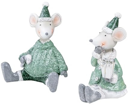 levandeo 2er Set Mäuse Weihnachten Deko Kunstharz Grün Weiß Weihnachtsdeko Tischdeko Deko Maus Mäuserich Weihnachtsschmuck