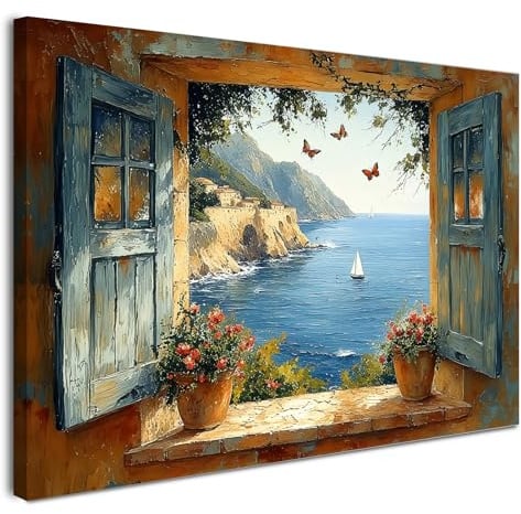 Alptiny Gerahmtes Wandbild 30×40 cm Mediterraner Fensterblick Leinwand für Wohnzimmer Schlafzimmer Küche Flur Küsten Deko mit Haken Nägeln und magischer Klettbefestigung