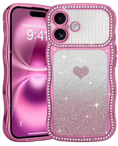 Teageo for iPhone 16 Plus Glitter Case, Lovely Heart Wave Frame, Rose red | for Women Girls, Wave Curly Bumper, Sparkle Rhinestone Diamonds, Shockproof Cute Bling Cover