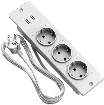 Regleta con USB y protección contra sobretensiones, 3680 W, Enchufe empotrable para encimera de Cocina, 3 enchufes múltiples con Cable de extensión de 1,5 m, 2 USB-A, Color Blanco