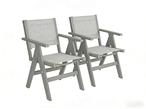 HIPS Outdoor Folding Dining Chair with Woven Seat & Back, Set of 2, Weather Resistant Patio Chair with Armrests for Deck, Backyard, Garden, Poolside (Light Grey)