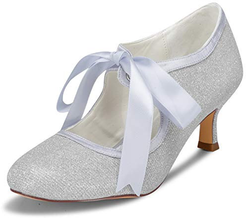 JIAJIA 140311 Bridal Lace Satin Low Heel Closed Toe Prom Party Dance Wedding Shoes Color Silver,Size 7 UK / 41 EU