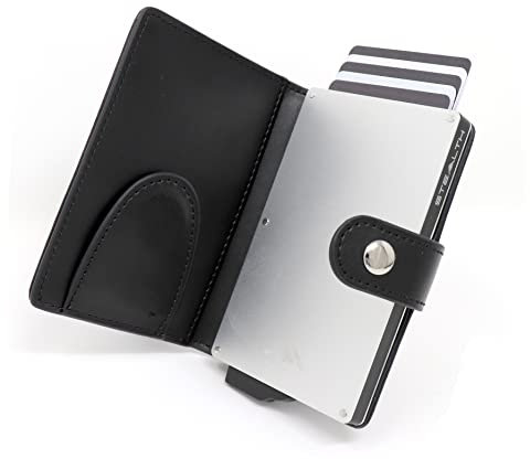 Stealth Wallet Porte Carte Bancaire RFID pour Homme - Porte-Cartes De Crédit avec Mécanisme Pop Up - Portefeuilles de Crédit Aluminium Minces (Aluminium Argent, Cuir Noir, Clip pour Billets)