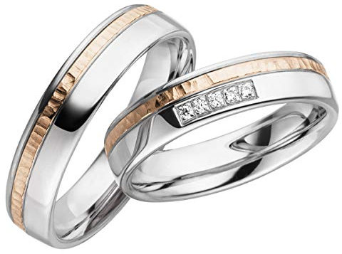 JC Trauringe Silber 925 Paarpreis Eheringe Rotgold Weißgold Plattiert 5,0 mm breit I Partnerringe mit Gravur in edler Schatulle I 2 Hochzeitsringe Herrenring ohne & Damenring mit Steinen I LC123-P-4