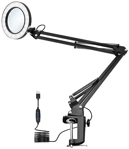 LED Magnifying Lamp,Adjustable 10X Magnifier Desk Lamp with 3 Colors 4.13 Diameter Glass USB Magnifying Lamp with Adjustable Swivel Arm (Black)