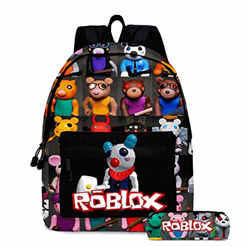 Roblox PIGGY Kinderrucksack Kinder Schultasche und Federmäppchen 2 Stück für Youtuber PS4 Gaming Jungen Mädchen (Stil 2)