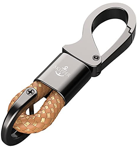 Skipper D-Clip Karabiner Schlüsselanhänger aus Leder Imitat Geschenk für Frau Mann Auto Schwarz 8747 - Hellbraun