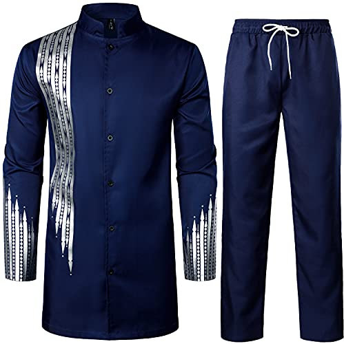 LucMatton Tenue 2 pièces pour homme - Chemise boutonnée à manches longues et pantalon - Costume ethnique traditionnel, bleu indigo, XL
