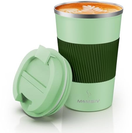 MOMSIV Coffee Cup, Insulated Coffee Cup with Leakproof Lid, Non-Slip Vacuum Reusable Stainless Steel Eco-Friendly Travel Office Mug for Hot and Cold Water Coffee and Tea, 380ml/13oz(Green)