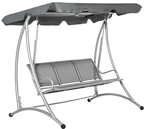 Outsunny 3 Seater Garden Swing Seat Bench Steel Swing Chair with Adjustable Canopy for Outdoor Patio Porch - Grey
