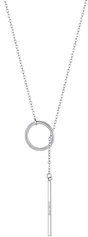 FOCALOOK personalisiert Collier Damen Y-Kette 73cm Rolokette mit Ring und Bar Anhänger platiniert Lariat Halskette verstellbar Name Gravur Modeschmuck für Mädchen Kleid Accessoire