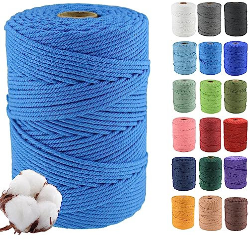 Klhamky 4mmx300m Corda di Cotone Naturale Macramé - Corda di Cotone 100% Naturale a 4 Fili Ritorti per Appendini Fatti a Mano, Fai-da-te, Creazioni Artigianali,blu lago