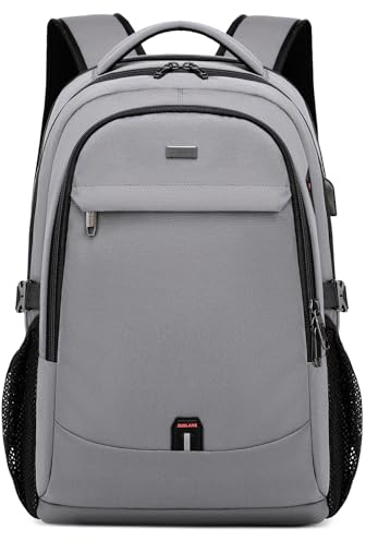 DUSLANG 17 Inch Laptop Backpack for Travel Water Resistant College Backpack for Men with USB Charging Port Rain Cover, Light GreyA