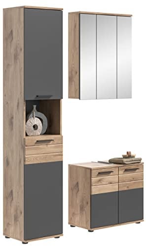 xonox.home Badezimmer Mason 3tlg. Kombination Badmöbel Set kleine Bäder Komplettprogramm Bademöbel-Set in Basalt grau Nb.,Nox Oak Nb.Hochschrank Waschbeckenunterschrank Spiegelschrank