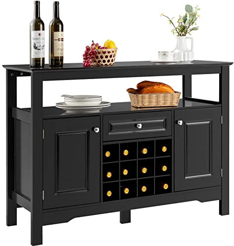 COSTWAY Buffet Cuisine avec Casier à Vin Amovible pour 12 Bouteilles, 2 Etagèress, 1 Tiroir, 2 Placards, Armoire de Cuisine Porte-Bouteille pour Salle à Manger, Salon, 117x40,5x82,5cm(Noir)