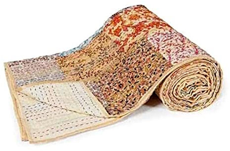 Rajasthaniartdecor Indische handgefertigte Vintage-Seide, Sari-Patola, ethnische Wendedecke, Tagesdecke, Überwurf, Patchwork, Kantha-Steppdecke, Beige, Super-King-Size-Bett, 274 x 274 cm