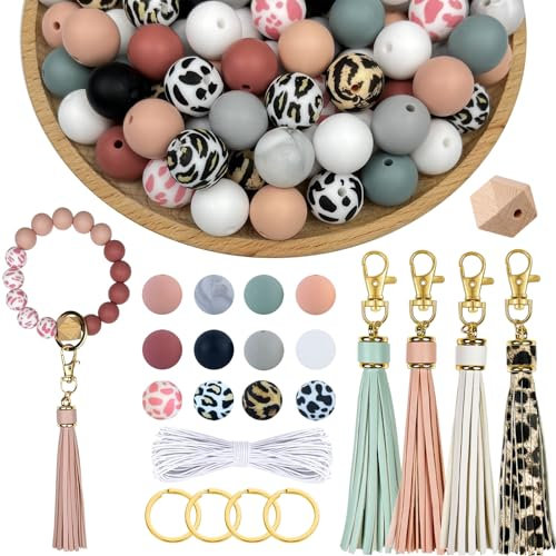 IESCOO 100pcs Silicone Beads for Keychain Making,15mm Rubber Beads kit for Keychain Bracelet Lanyards Pens with Key Rings and Tassels