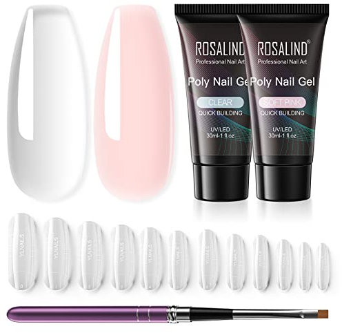 ROSALIND Poly Nagel Gel Starter Set, Poly Nail Gel Transparent Rosa 30ml 2 Farben Acrylgel für Nägel UV/LED Nagellack mit Nagelbürste und Nägel Tipps, Nagelverlängerung Gel für Anfänger Home Salon