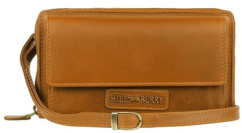 Hill Burry Echtleder Handy Portemonnaie Rinara I Geldbörse | Umhängetasche | Handy Wallet hochwertigem naturgegerbtem Leder | RFID Schutz Brown
