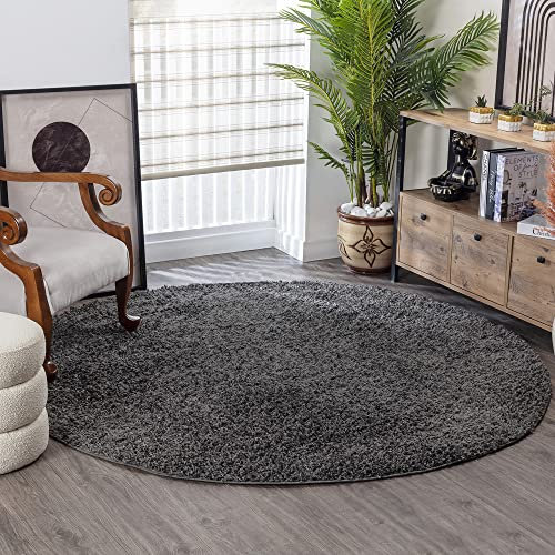 Surya Home Shaggy Berber Teppich - Flauschiger Teppich für Wohnzimmer, Esszimmer, Schlafzimmer, Langflor Hochflor Teppich flauschig - Teppich groß 200 cm Rund, Wohnzimmerteppich in Dunkelgrau
