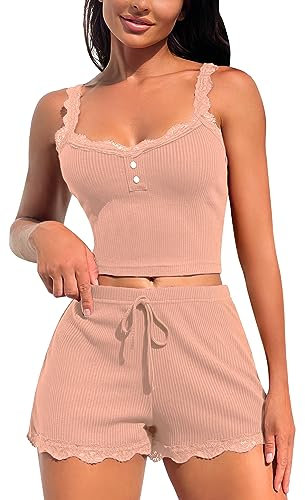 RSLOVE Ensemble de Pyjama en Dentelle pour Femme Vêtements de Nuit Sexy Hauts et Shorts 2 Pièces Rose XL