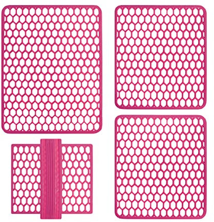 Set Tappeti Lavello 4 Pezzi Salva Lavandino Parabordo Scolapiatti Colorati Gomma (Fucsia)
