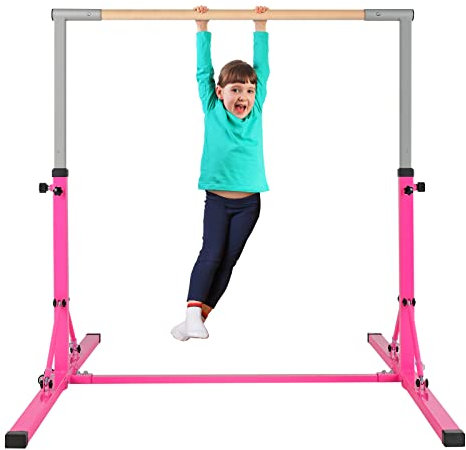 COSTWAY Gymnastik Turnreck, Turnreck 90-150cm höhenverstellbar, Reckstange klappbar mit Rollen, tragbarer Turnstangen bis 100kg belastbar, Reckanlage, Trainingsgeräte (Rosa)