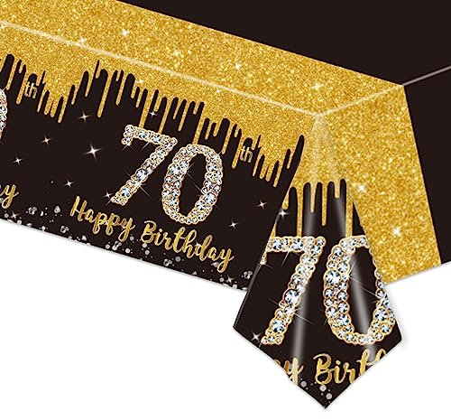 137x274cm Tischdecken 70. Geburtstag,Schwarz Gold 70. Geburtstagsfeier Tischdecke,Happy 70th Birthday Tischdecke Abwischbar Kunststoff Rechteckige Tischdecke für Mann Frauen Geburtstag Party Dekor