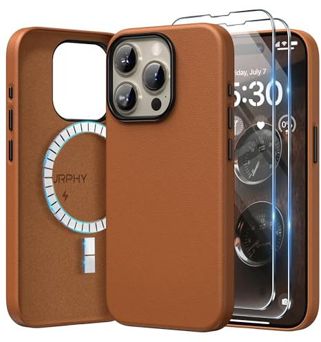 SURPHY Faux Leather Case for iPhone 15 Pro Max Case with Screen Protector, Premium PU Leather Compatible with MagSafe [Metallic Buttons] Cover for iPhone 15 Pro Max 6.7 inch, Brown