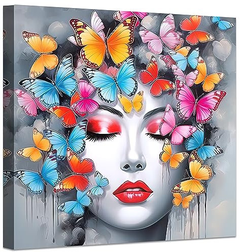 LZIMU Abstraktes Mädchen bild auf Leinwand Schmetterling auf Frauengesicht buntes Leinwandbild für Mädchen Schlafzimmer Zimmer Wanddekoration Gerahmt (3, 40.00x40.00cms)
