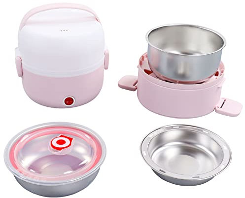 CRIOH Electric Lunch Box Heater, Protection Function Evenly Functional 3-Layer Stainless Steel Electric Heated Lunch Box for Business (Pink)