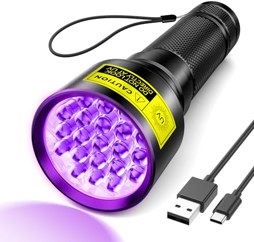 RECHOO Linterna UV de luz negra, 21 LED de 395 nm, linterna recargable ultravioleta, impermeable, portátil, para detección de orina de mascotas, manchas secas, chinches, agente fluorescente