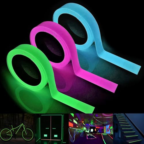WHC 3 Pezzi 5m x 1cm Nastro Luminoso Adesivo Impermeabile Nastro Fluorescente Adesivo, Nastro Adesivo Luminescente Fosforescente Glow in The Dark Tape per Scale, Pareti, Gradini e Cartello di Uscita