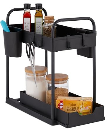 Relaxdays Organizador Bajo Fregadero, 2 Estantes, 4 Ganchos y 2 Vasos, Almacenar Productos de Limpieza en Cocina, Negro, 42,5 x 22 x 40 cm