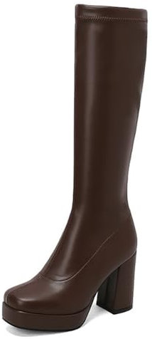 Stivali Alti al Ginocchio con Tacco Largo da Donna Plateau Elasticizzato Punta Quadrata Stivali Lunghi,Marrone,36 EU