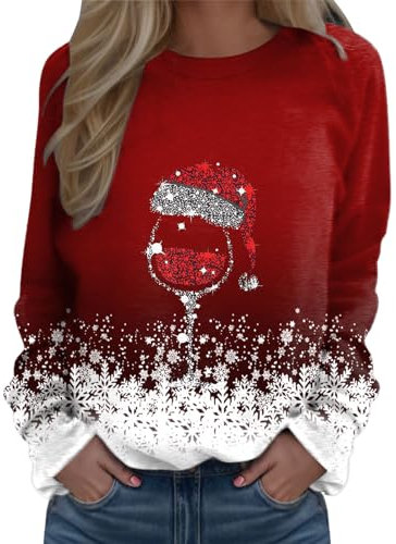 Weihnachtspullover Damen Sweatshirt Rundhals Langarm Rentier Weinglas Weihnachtsmann Druck Langarmshirt Teenager Mädchen Christmas Sweatshirt Weihnachtspulli Oberteile Tops Pullover Shirt Frauen