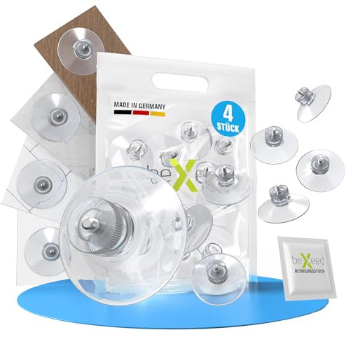 BEXEED Saugnapf Ø40 mm - 4 Stück mit Gewinde - inkl. Vorreinigungstuch + Mutter - Extra Stark für Glas, Spiegel, Fliesen, Fenster, Badezimmer, Küche