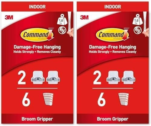 Command Broom Gripper, 2 Broom Holders and 6 Adhesive Strips - Suitable for Storing Brooms and Mops - Damage Free Hanging (Pack of 2)