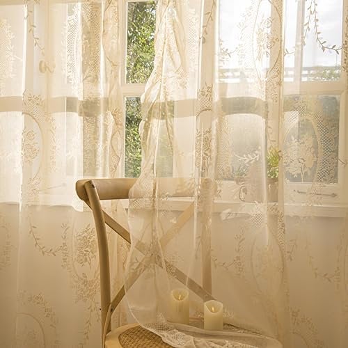 Lavyhuno Spitzen-Vorhänge, 244 cm lang, für Wohnzimmer, Schlafzimmer, französische Antik-Vintage-Blumenstickerei, gewellte Kanten, Fensterbehandlungen, Bauernhaus, Landhaus-Stil, 144 x 244 cm, Beige