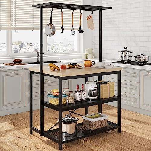 GAOMON 42 Large Kitchen Island Bakers Rack Microwave Oven Stand Kitchen Shelf with 3 Tier Storage, Metal Coffee Bar Table,Kitchen Storage Shelf for Dining Living Room, 5 Hooks, 42*28*72